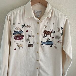 Christopher & Banks cream button down top embroidered animals | size Medium